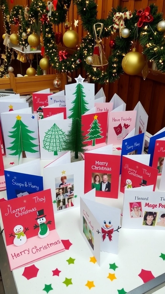 A collection of creative Christmas cards with pop-up trees, snowmen, and photo collages on a festive table.